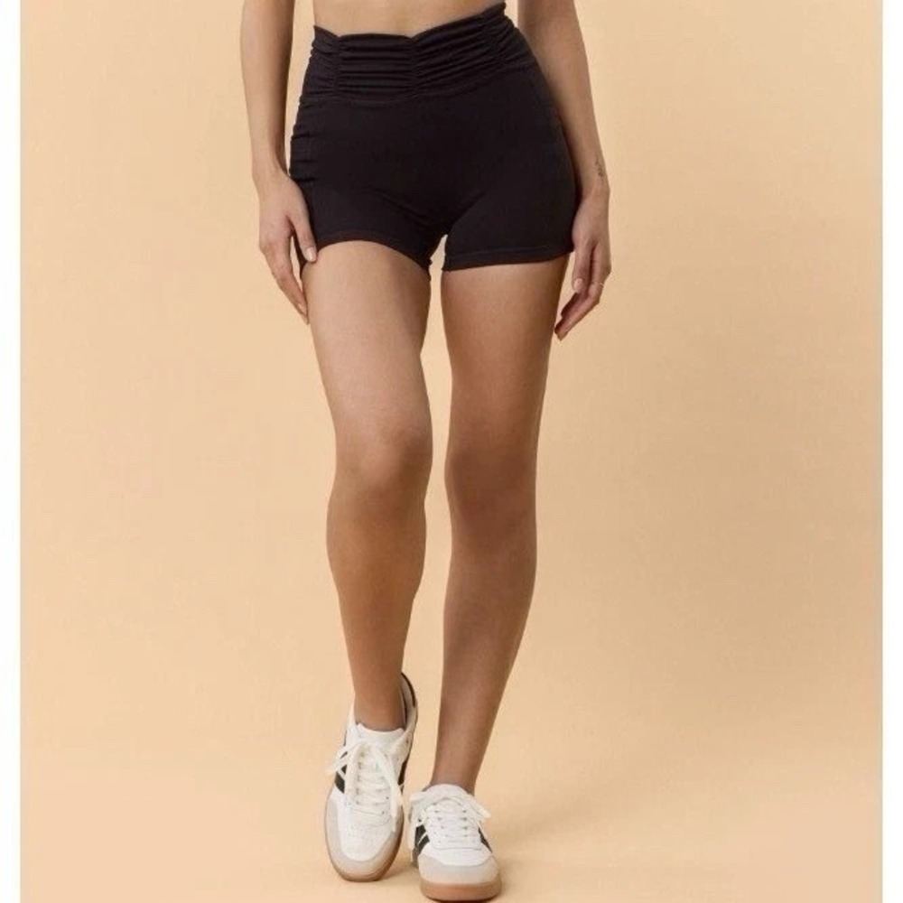 Blogilates Womens Ruched High Waisted Biker Shorts Pockets Black 2XL 0023